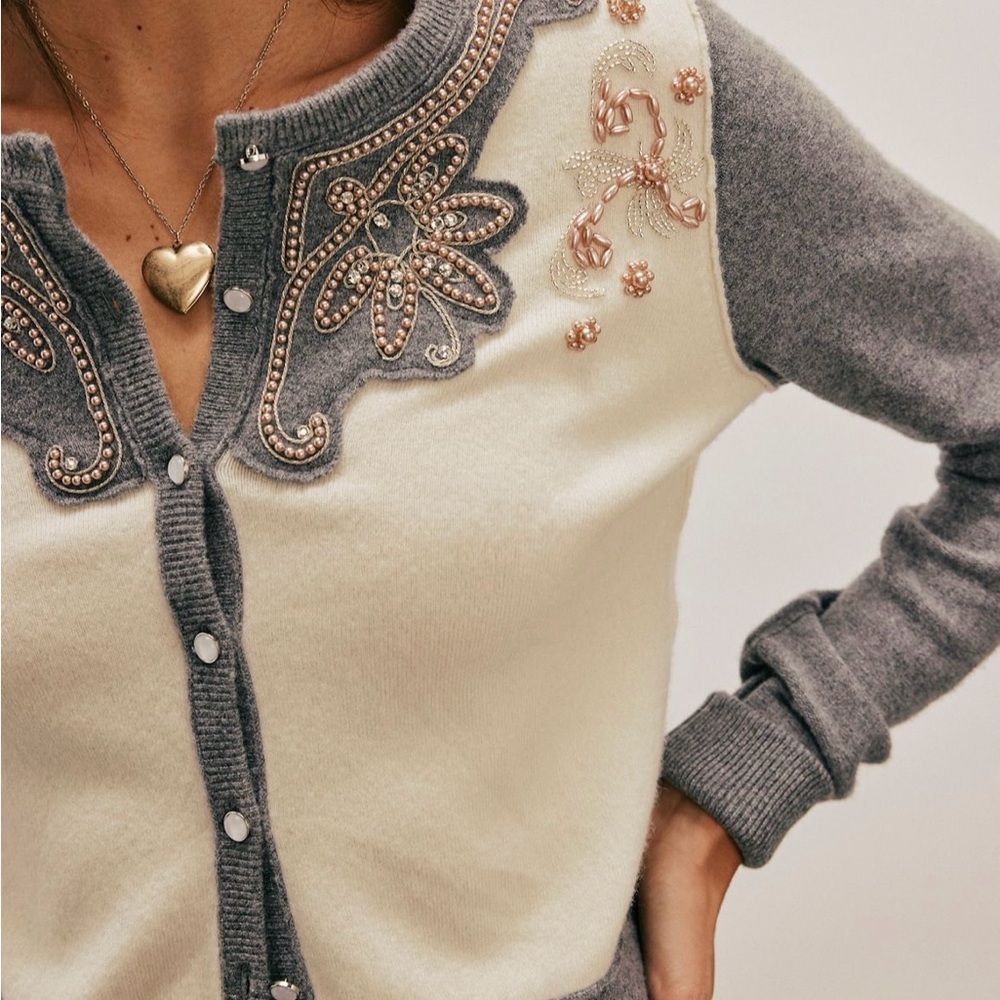 Free People Embroidered Gray and Cream Women's Sweater